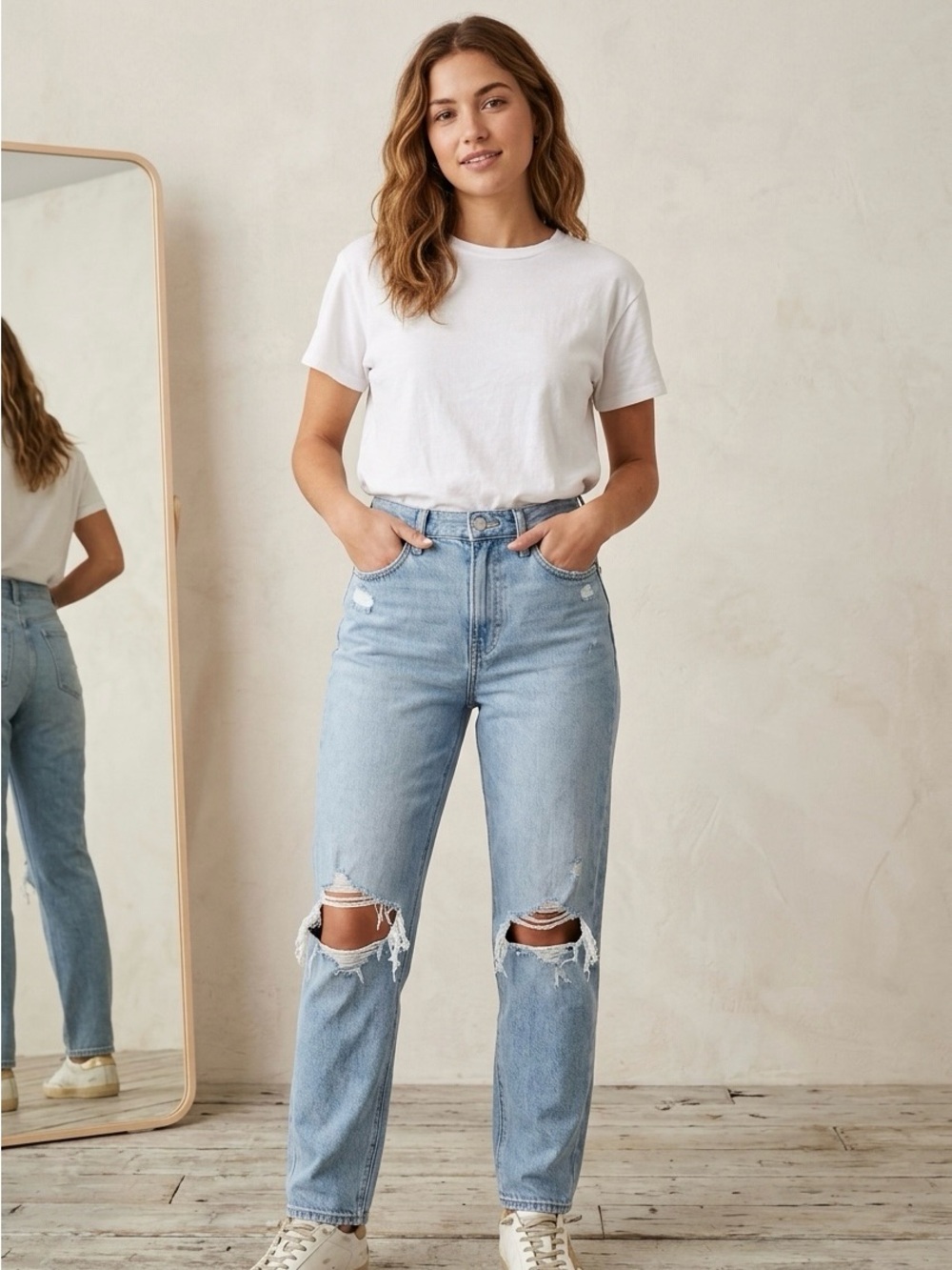 American Eagle High-Rise Light Blue Distressed Mom Jeans